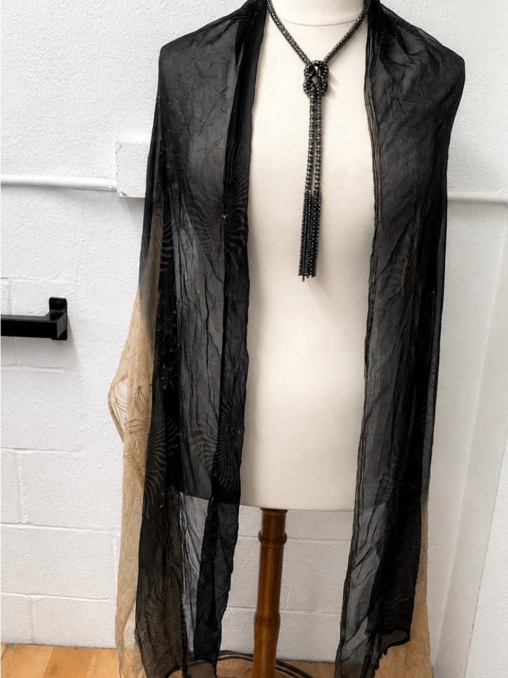 Black & Beige Sheer Chifgon Scarf Wrap with Leaf Pattern & beaded edge
